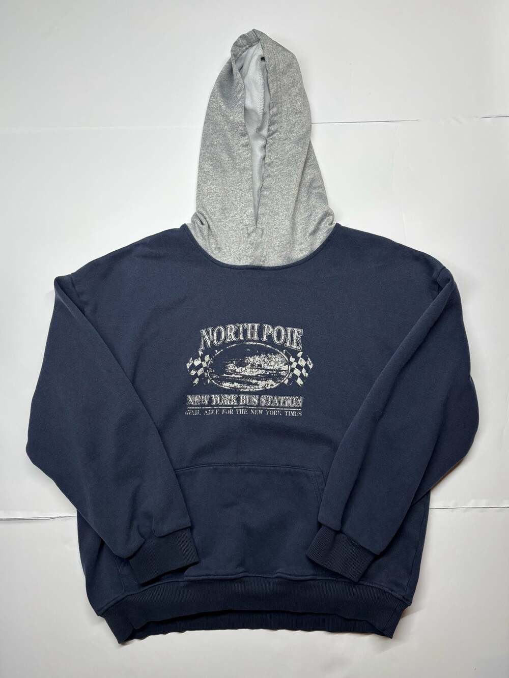 North Pole New York Bus Station Graphic Two-Tone Hoodie Sweatshirt